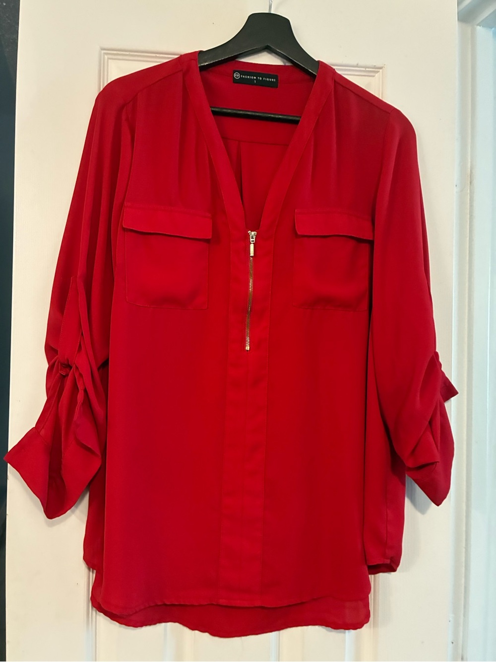 Fashion to Figure Red Zip-Front Blouse with Roll-Tab Sleeves